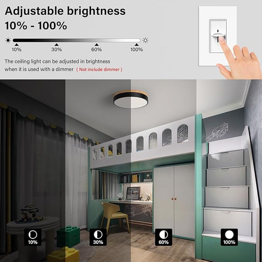 WOKNOS Dimmable Wood Flush Mount Ceiling Light Modern Black LED Ceiling Light Fixture 2700K-6000K Minimalist Round Close to Ceiling Light for Bathroom Hallway Bedroom Entryway Kitchen, 11.81"
