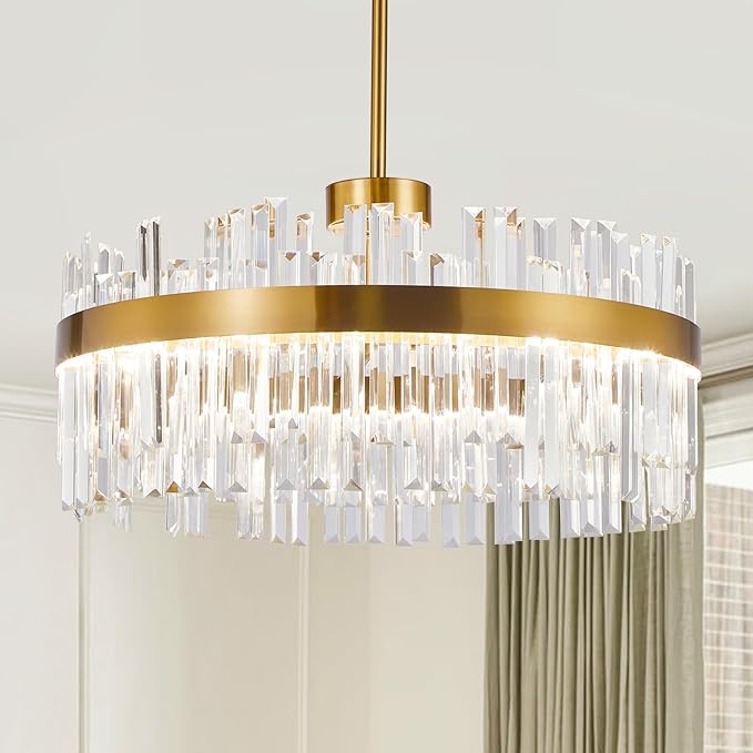 Depuley Modern Gold Crystal Chandeliers: 23.6" Dimmable LED Chandeliers Light Fixture with Remote Control - 3 Colors Contemporary Pendant Ceiling Light for Dining Living Room Kitchen Island Foyer