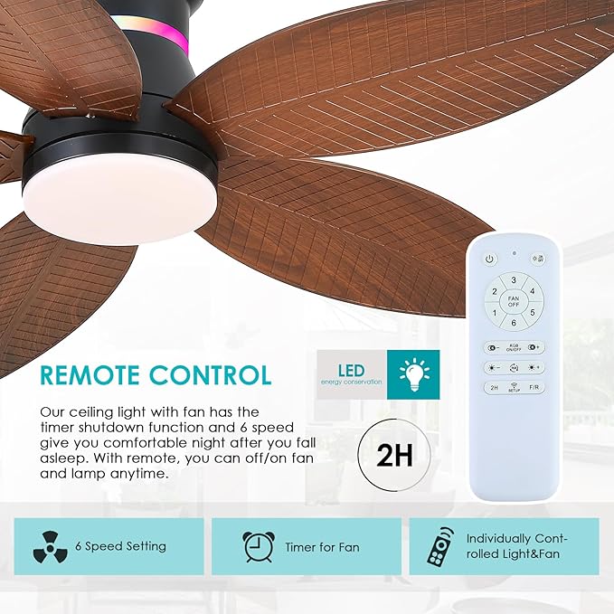 Surtime 46" Ceiling Fans with RGB Lights - Flush Mount Ceiling Fan Light with LED 3CCT Dimmable, Tropical Palm Leaf Ceiling Fans for Indoor Party,Covered Outdoor (Brown)