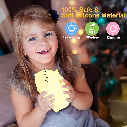 Tremdwoto Cat Night Light for Kids,Cute Colorful Night Light Baby Girl Squishy Night Lights Lamp 3 Hour Timer Kitty Light USB Rechargeable Nursery Lamp Nightlight ,Gifts for Boys and Girls