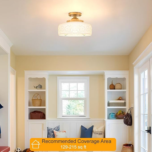 Daunton Gold Semi Flush Mount Ceiling Light with Hand-Carved Design - 12 Inch Vintage White Glass Shade with Etched Patterns, Easy Install 3-Light Fixture for Hallway, Kitchen, Bedroom