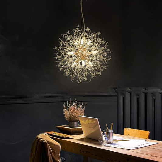 CM MZY Modern Crystal Chandeliers Firework, 9-Light Gold Dandelion Sputnik Ceiling Light Fixtures, Sputnik Chandelier Pendant Light for Bedroom Living Room Dining Room Kitchen Island Hallway