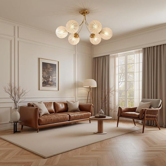 Glass Chandelier 6-Light Vintage Flush Mount Ceiling Light Gold Chandelier, Snowflake Globe Shade, Sputnik Brass Ceiling Light, Dining Room Chandelier for Kitchen Bedroom Living Room