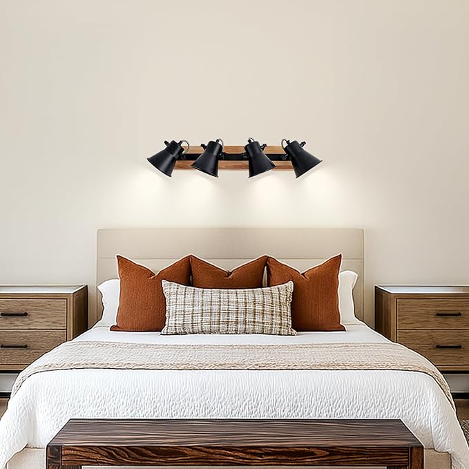 4-Lights Rustic Flush Mount Ceiling Light, Industrial Track Lighting Fixture, Rotatable Kitchen Track Lighting with Wood Base for Sink Dining Room, Living Room