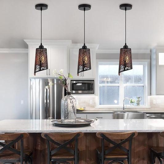 Industrial Black Pendant Light Fixture Vintage Mini Black Pendant Lighting with Gold Finish Rustic Hollow-Carved Small Pendant Light for Kitchen Island, Dining Room, Bedroom, 3 Pack