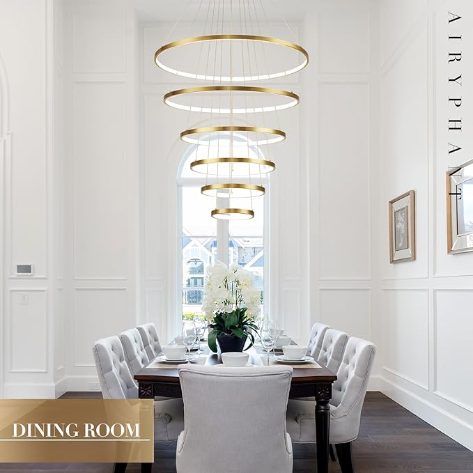 Modern 31" Big LED Chandeliers for High Ceiling 6 Rings Gold Chandeliers with Remote Control Dimmable Large Contemporary Ceiling Pendant Light for Foyer Living Room 3000K-6000K Selectable