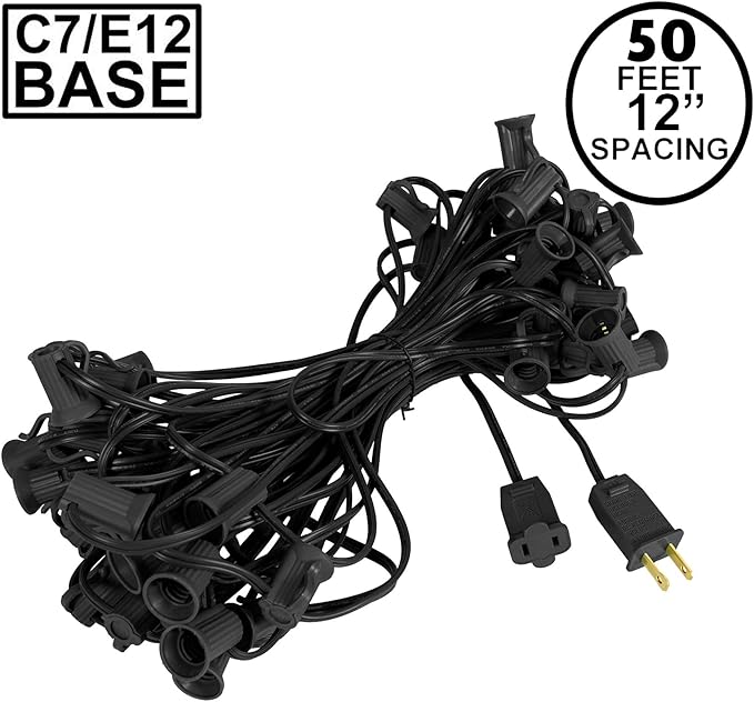 Novelty Lights 50 Foot String Light Set - Indoor/Outdoor Stringer Set for Christmas, Wedding Decor, Patios, & More - C7/E12 Intermediate Base (Black Wire, 12" Spacing)