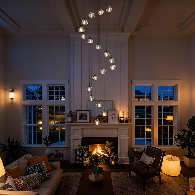 SNZ Modern Crystal Chandelier for Staircases, 18-Light High Ceiling Chandelier, 118" Long Adjustable Ceiling Light for Entrance, Large Chandeliers for High Ceilings, Hallway Entryway