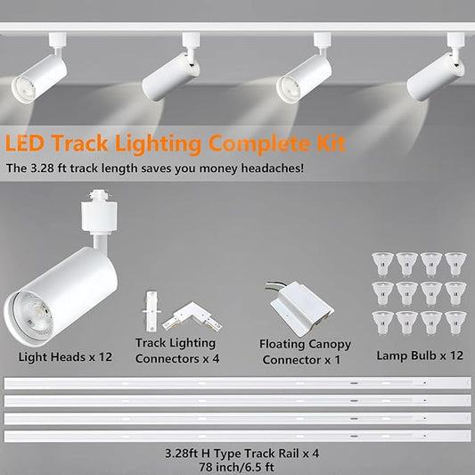 Plug in 3CCT White Track Lighting Complete Kit with 4*3.28FT H Track Light Rails and 120V 12x10W GU10 Track Lighting Heads Brightness Dimmable Ceiling Spotlight Fixture for Accent Lighting
