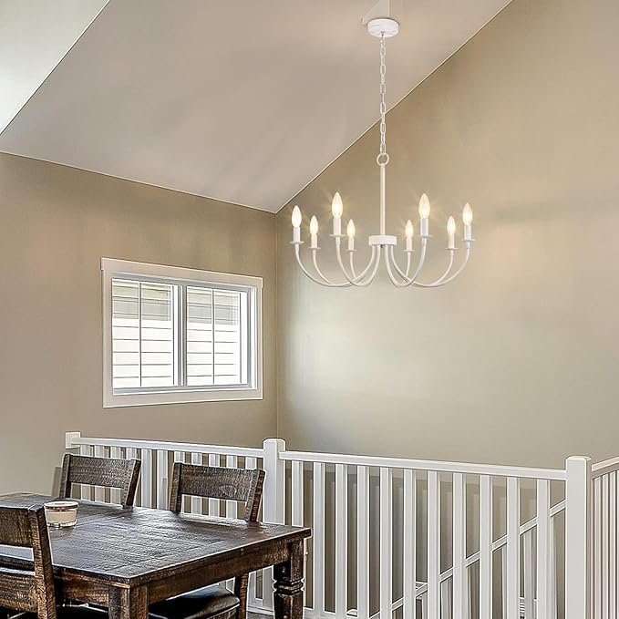 French Country Chandelier, 8-Light Antique White Farmhouse Chandelier for Dining Room, Candle Hanging Pendant Light for Kitchen Living Room Bedroom Foyer Entryway