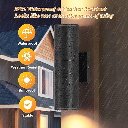 DAKAFUL Outdoor Wall Lights 2 Packs, Integrated LED Cylinder Up Down 12W 2700K Modern Aluminum Light, Waterproof Exterior Light for Porch Patio Door, Matte Black