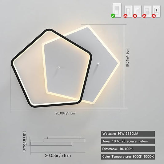 Shine LUEST Modern LED Ceiling Light Fixture Dimmable Black Flush Mount Ceiling Light 20.08" Bedroom Ceiling Lamp with Remote Control Pentagonal Ceiling Light for Kitchen,Entryway,Balcony,Wardrobe