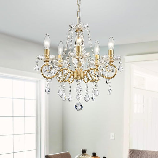 Mini Crystal Chandelier, Golden Crystal Lighting,5-Light Modern Chandelier for Living Room Kitchen Island Entryway Bedroom