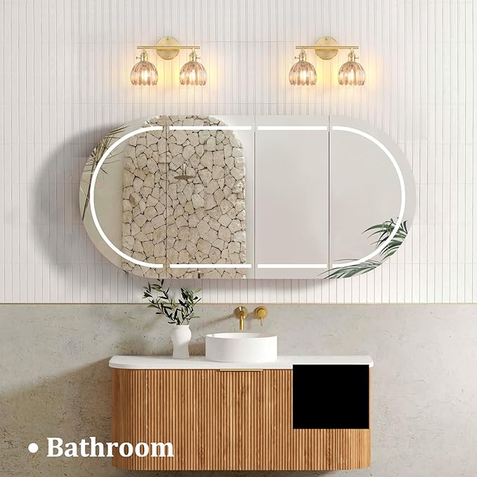 Shenmoyl Bathroom Light Fixtures, 2-Light Brass Vanity wall Light Over Mirror with Amber Tulip Glass Shade for Bedroom Living Room (Bulb Not Included)