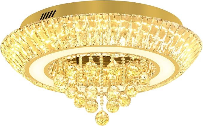 Modern Crystal Chandelier for Living Room, Modern Led Dimmable Gold Ceiling Light with Remote Control, 24in Flush Mount Crystal Chandeliers for Dining Room