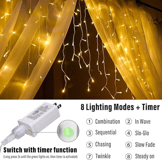 Joomer Christmas Icicle Lights - 66FT String Lights Outdoor Waterproof, 8 Modes Timer Connectable Plug-in String Light for Eaves, Roofs, Christmas Decorations (Warm White, Non-Connectable)