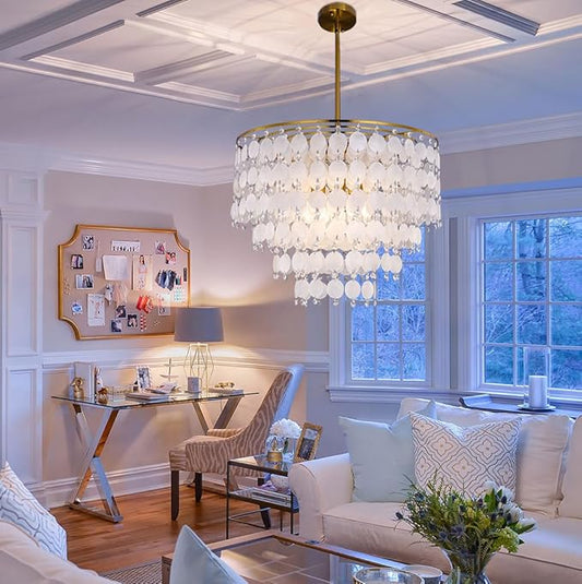 TOCHIC Natural Capiz Shell Chandelier, 6-Light Gold Modern Coastal Chandelier Light Fixture for Dining Room, Hanging Boho Round Beach Shell Pendant Light for Living Room, Bedroom, Kitchen, Foyer, 24"W