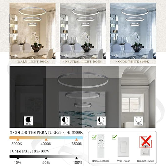 Modern Silver LED Chandeliers 3 Rings Chandelier 23.6" Dimmable LED Pendant Light Fixture Remote Control Contemporary Flush Mount Chandelier for Dining Room Bedroom Foyer, 3000-6500K
