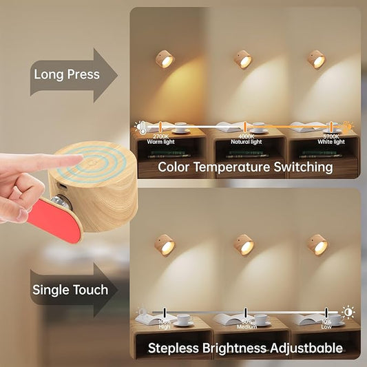 AKSDA 3Pack Battery Operated Wall Sconce, 3 Color Modes 3 Brightness Levels 360°Rotation Lighting Timer Touch & Remote Control, Wall Mounted Lamp LED Wall Lights for Bedroom Reading Bedside (Wood)