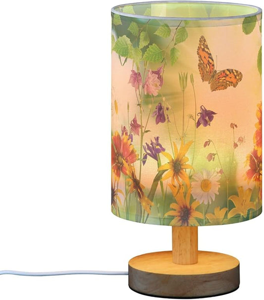 Nature Floral Chrysanthemum Iris Daisy Flower Butterfly Leaf Table Lamp with Wood Base Fabric Lamp Shade Bedside Nightstand Desk Lamp for Living Room Bedroom Kids Room Office