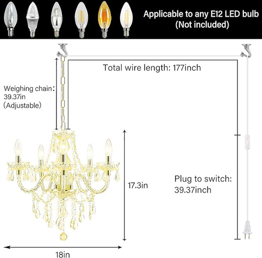 PAPAYA Plug-in 5 Light Gold Crystal Hanging Pendant Lights Acrylic Chandelier with Cord & On/Off Switch H19 D19.7 for Kitchen Island Girls' Room Dining Area Laundry Pavilion