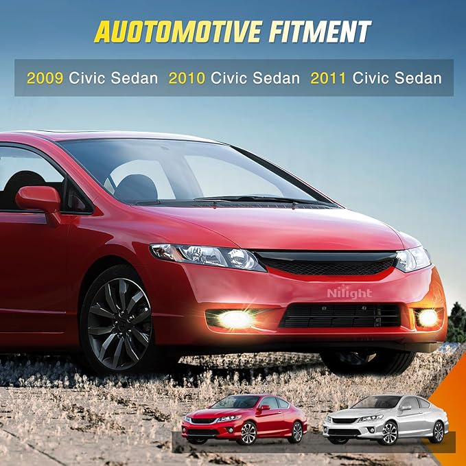 Nilight Fog Light Assembly Compatible with 2009 2010 2011 Honda Civic Sedan 4 Door with Clear Lens Fog Lamps Replacement H11 12V 55W Bulbs