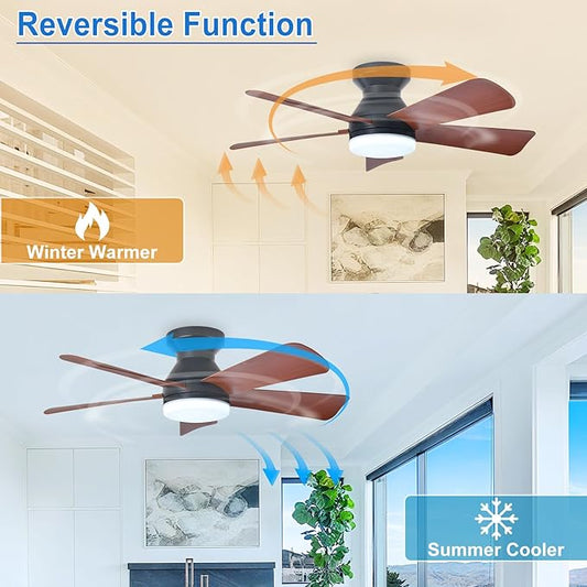 Depuley 35-Inch Ceiling Fan with Light: Walnut 5 Blade Low Profile Small Fans for Kitchen Bedroom - Flush Mount Ceiling Fan for Indoor/Outdoor with Remote Control Reversible Timer - 2 Packs
