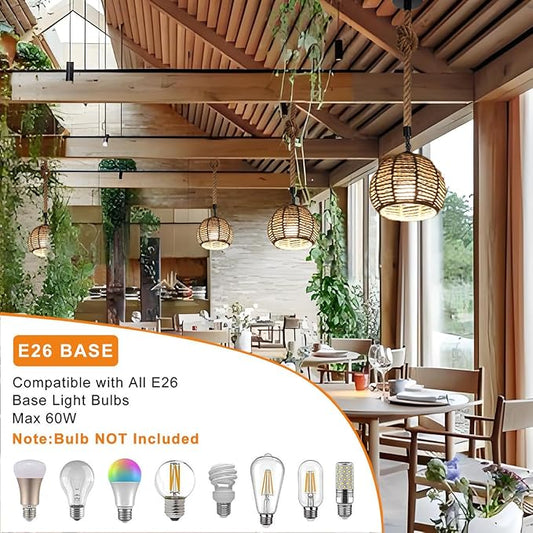 Kawell Indoor Hemp Rope Pendant Light Fixtures Height Adjustable Hanging Light Fixtures E26 Base Vintage Ceiling Chandelier Hardwired for Farmhouse Bedroom Kitchen Dining Room Restaurant Bar Cafe