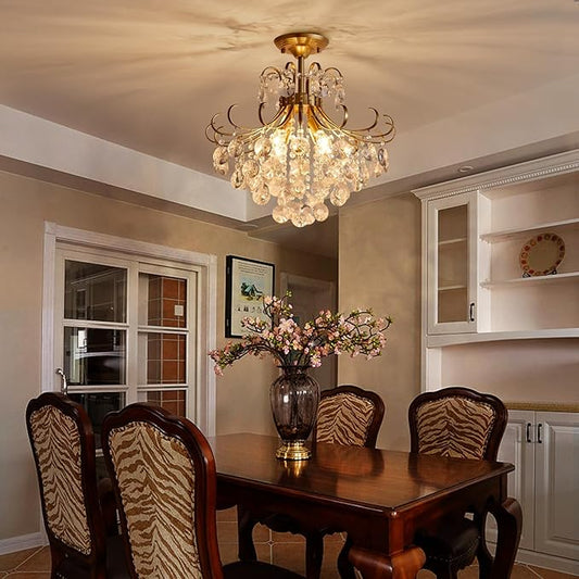 Gold Crystal Chandelier Ceiling Light, Luxury Crystal Semi Flush Mount Ceiling Lighting Fixture for Dining Room Bedroom Hallway Bar Kitchen, H 17.7'' x W 18.1''
