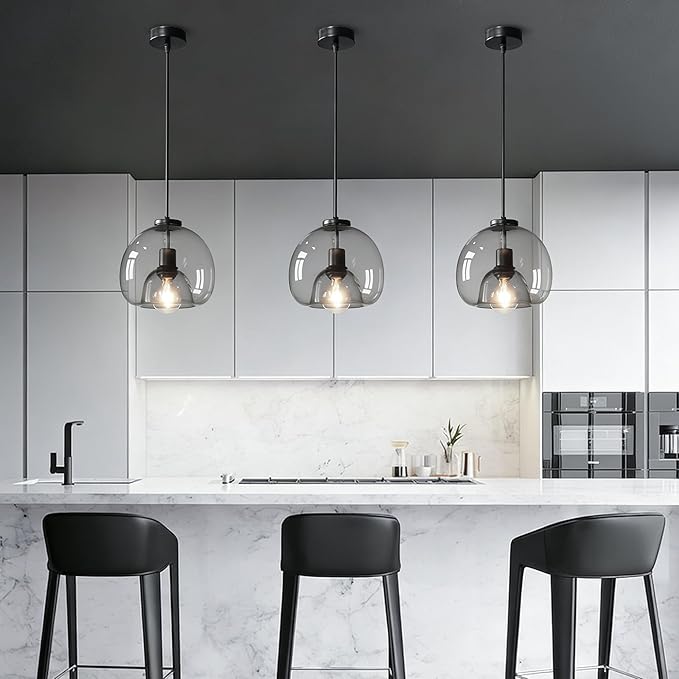 9.1in Large Smoke Glass Pendant Light for Kitchen Island, 2-Pack with Extra 2 LED Bulbs & 4.92ft Adjustable Cord | Modern Minimalist Lighting for Dining Room, Living Room, Entryway