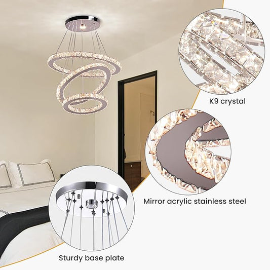 CLAIRDAI Modern Crystal Chandelier, Adjustable 3 Ring LED Ceiling Light Fixture, Dimmable K9 Crystal Chandelier for Dining Room, Bedroom, Living Room, Hallway
