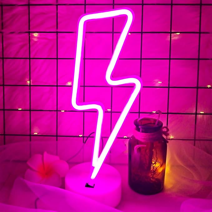 Pink Lightning Bolt Neon Sign, Aesthetic Room Decor for Bedroom, Battery/USB Operated LED Light with Base