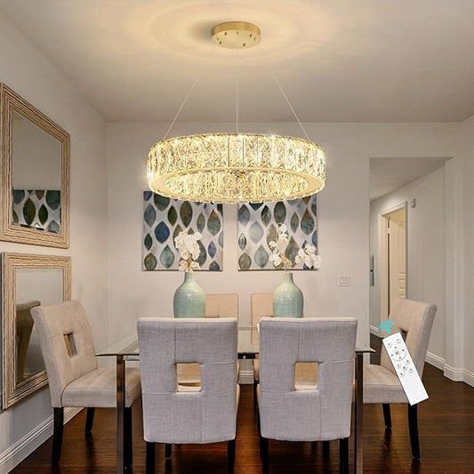 Modern Crystal Chandelier 15W LED Dimmable Lighting Fixture Adjustable Round Pendant Light for Dining Room Living Room Kitchen Bedroom Gold