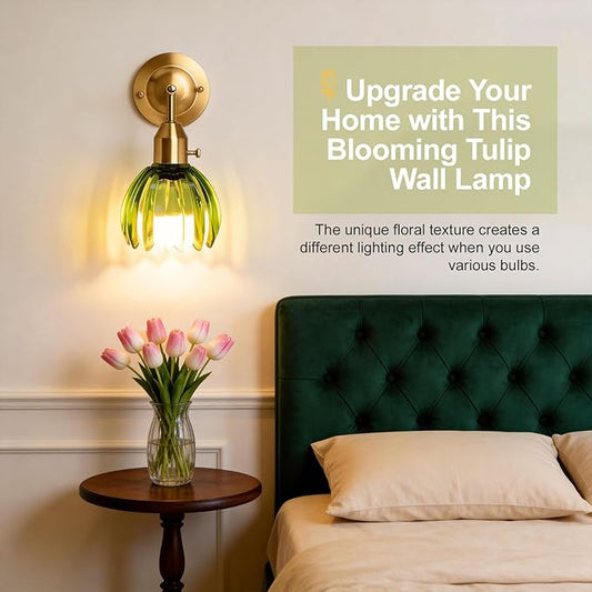 Vintage Gold Wall Sconces with Green Tulip Glass Lampshade, Hardwired Wall Lamp (2 Usage Methods), Brass Sconces Hradwired Modern Wall Light Fixture for Bedroom Living Room