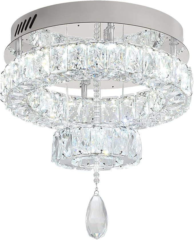 Flashing God Dia 12" Mini Chandelier Modern Crystal Chandeliers for Hallway Silver Flush Mount Ceiling Light Modern Chandeliers Lighting for Bedroom Staircase Kitchen