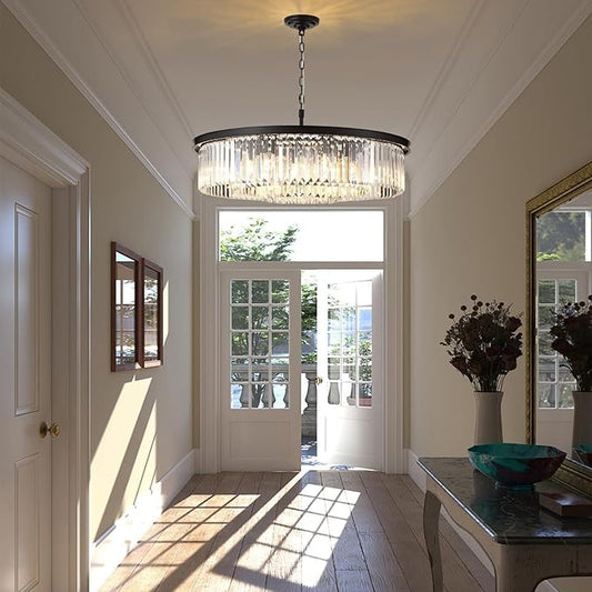Large Crystal Chandelier Black Chandeliers Luxury Pendant Lights Fixture for Dining Living Room 12-Lights 3-Tier Raindrop Chandeliers Lighting (Black, Dia 31 Inch)