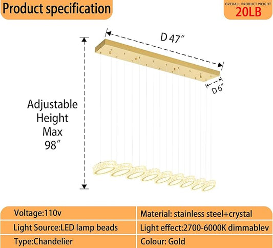Rectangular Crystal Chandelier for Dining Room Pendant Chandelier for Kitchen Modern Linear Crystal Chandeliers Over Table Gold 9 Lights