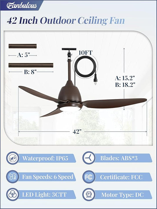 Fanbulous 42" Outdoor Ceiling Fan with Light, IP65 Waterproof Wet Rated, Plug in Gazebo Fan with 10FT Cord, Smart APP & Remote, 6-Speed Reversible DC Motor, 3CCT Dimmable LED for Patio Porch (Bronze)