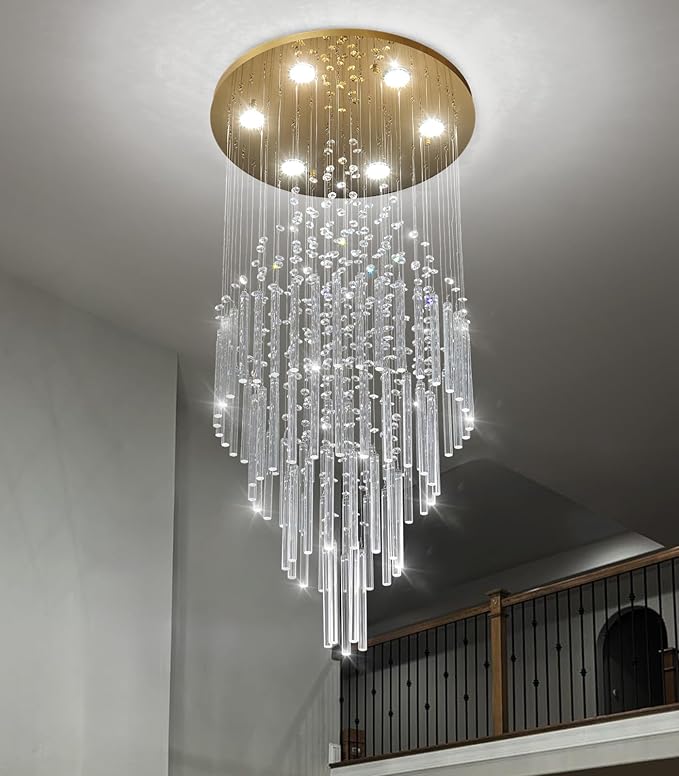 HAIXIANG W20 x H40 Crystal Glam Chandelier Long Light Chandeliers with Dimmable Light Bulbs High Ceiling Light Fixtures for Foyer Entryway Living Room Stair Gold