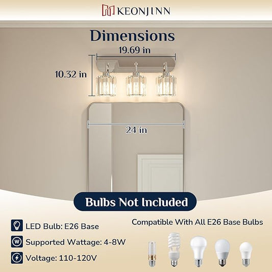 Keonjinn 3-Light Chrome Bathroom Light Fixtures, Crystal Bathroom Vanity Lights Over Mirror, Chrome Vanity Lighting Fixtures with Crystal Square Shades (E26 Base, Exclude Bulb)