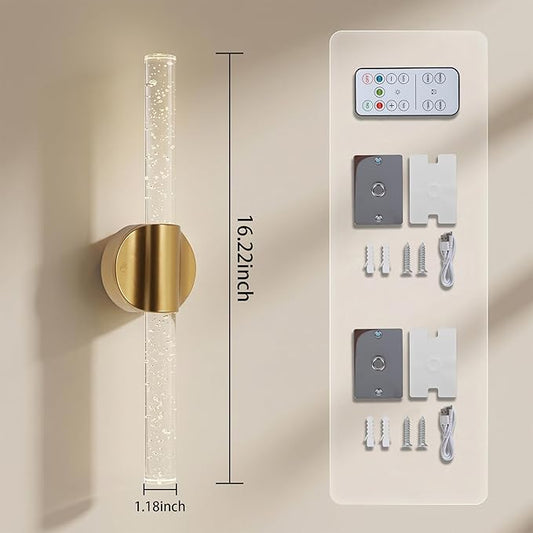 Battery Operated Wall Sconces Set of 2, Rechargeable Wall Lights with Remote Control & Dimmable, Wireless Wall Lamp Fixtures Not Hardwired for Bedroom Living Room Hallway (5400mAh, Gold)