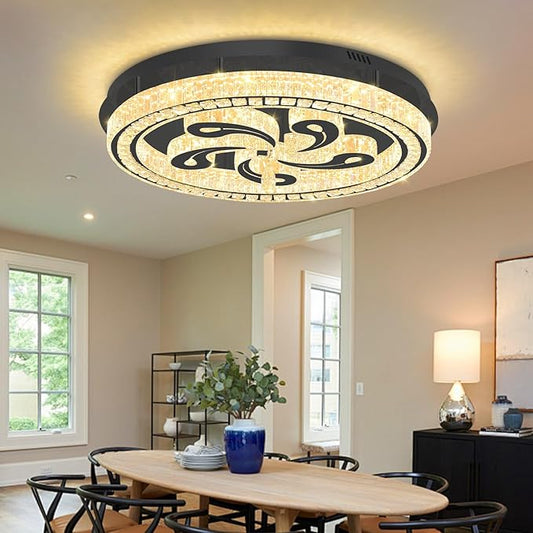 Modern Crystal Chandeliers for Dining Room Flush Mount Ceiling Chandelier for Living Room Dining Room Ring LED Crystal Ceiling Light (Round,32in Black,Dimmable 2700K-6500K)