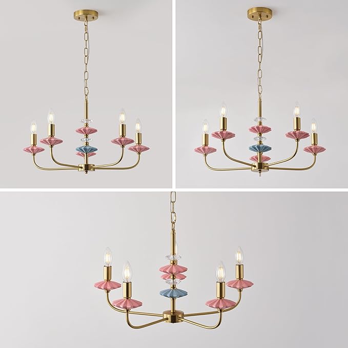 Pink Chandeliers for Dining Room Light Fixture Over Table,5-Light Art Deco Chandelier, Modern Retro Candle Chandelier with Ceramic,Farmhouse Chandelier for Girls Bedroom Living Room, Foyer