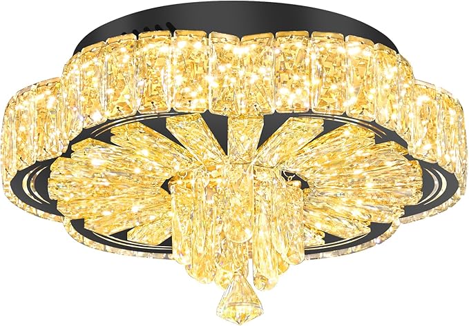 Modern Crystal Chandelier for Living Room 16in Black Crystal Raindrop Ceiling Light for Room Bedroom LED Dimmable 2700K-6000K