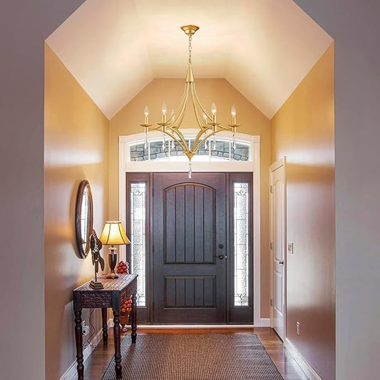 Modern Gold Crystal Chandelier, 6-Lights Farmhouse Chandeliers for Dining Room Light Fixtures Hanging Pendant Light, Modern Candle Chandelier for Bedroom Foyer Living Room Kitchen Island Entryway