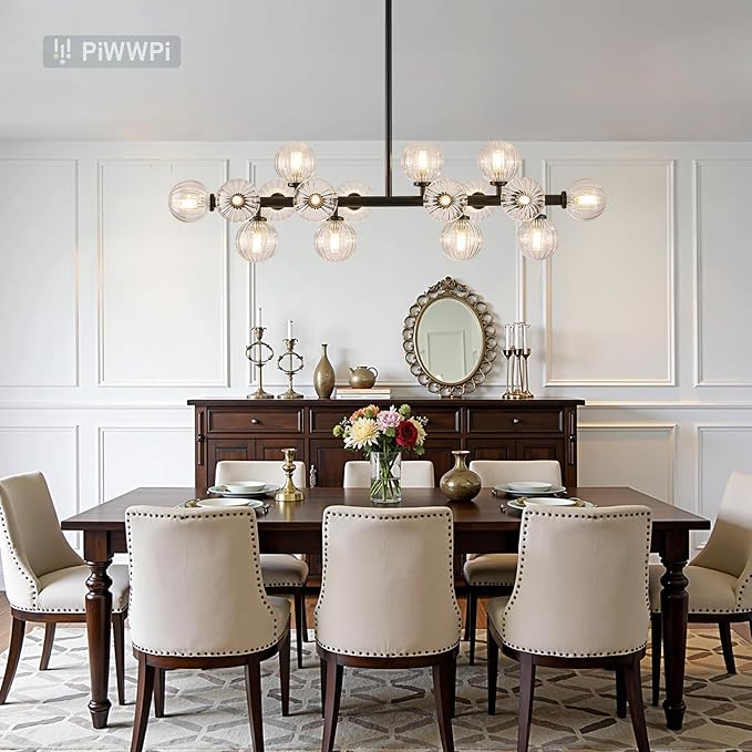Glass Globe Sputnik Chandelier, 16-Light Mid Century Modern Light Fixture Over Table, Linear Chandeliers for Dining Room, Kitchen Island, Black and Clear Bubble, 40 Inch, GC-02
