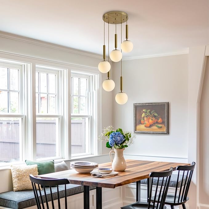 KCO Lighting 5 Light Globe Chandelier Gold Cluster Pendant Light Fixture Modern Milk Glass Chandelier Large Round Kitchen Island Pendant Lighting Contemporary Chandeliers for Foyer Entryway