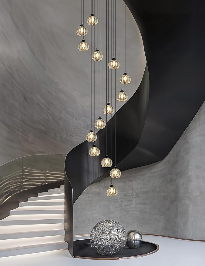 Weesalife Crystal Chandeliers for Staircases, 14-Light Black Modern Chandeliers for High Ceilings,Crystal Pendant Light Fixture for Living Room Kitchen Island Foyer Hallway Bar