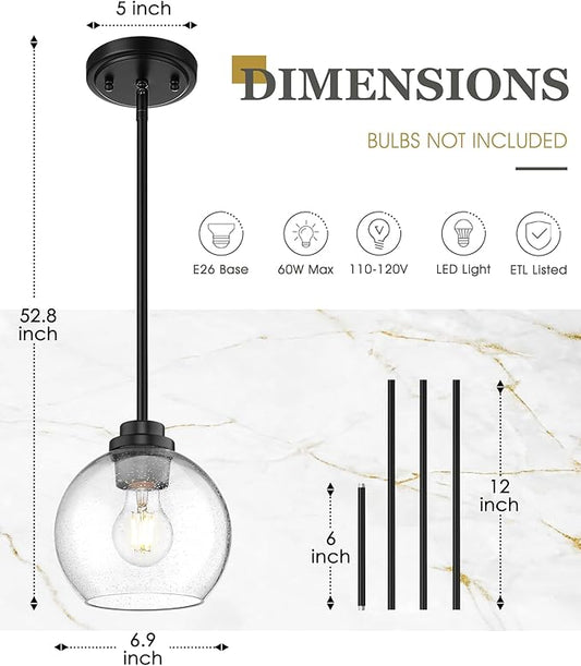 Pendant Lights Kitchen Island, 7" Modern Black Hanging Lights Fixtures with Clear Seeded Glass Globe Shade, Kitchen Island Lighting for Bathroom, AD-22280-1P-BK-S