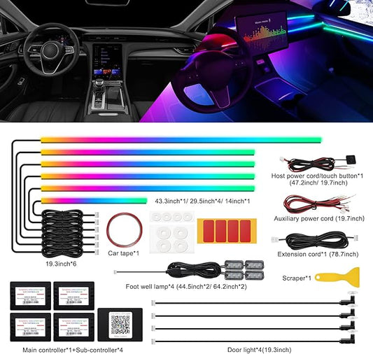 Dreamcolor Acrylic Interior Car LED Strip Light with Wireless APP, RGB 14 in 1 with 175 inches 593 LEDs Fiber Optic Ambient Lighting Kits, 16 Million Colors Sound Active Function Car Neon Lights